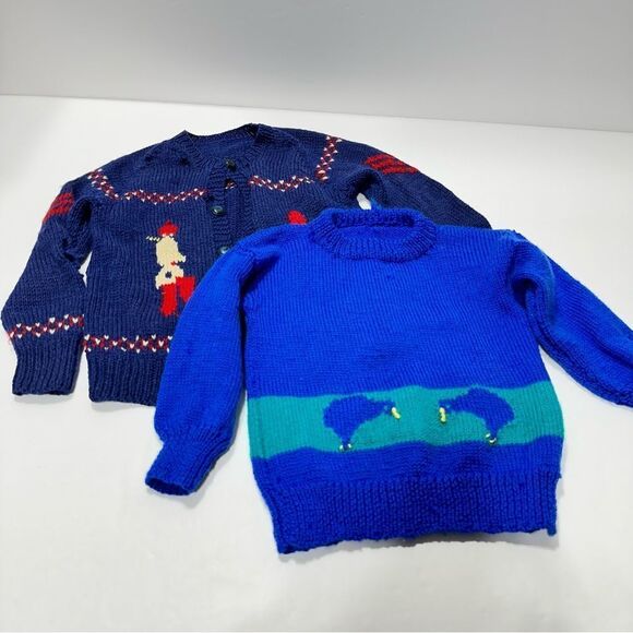 Vintage Children’s Knit Sweaters 2 Homemade Sweaters Ducks Soldiers - Picture 2 of 16